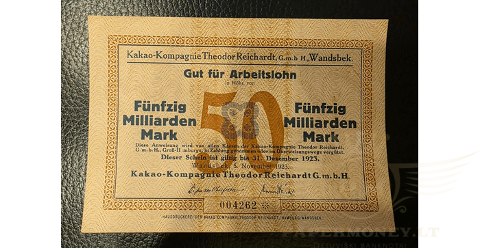 Vokietija 1923 50 milijardų markių VF - Germany 50 Mrd. Mark 1923 ~ Hamburg / Wandsbek - Kakao Kompagnie VF