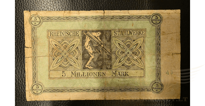 Vokietija 1923, 5 milijonai markių VF - Duisburg-Meiderich/ Rheinische Stahlwerke, 5.000.000 Mark, 1923, VF