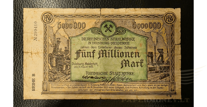 Vokietija 1923, 5 milijonai markių VF - Duisburg-Meiderich/ Rheinische Stahlwerke, 5.000.000 Mark, 1923, VF