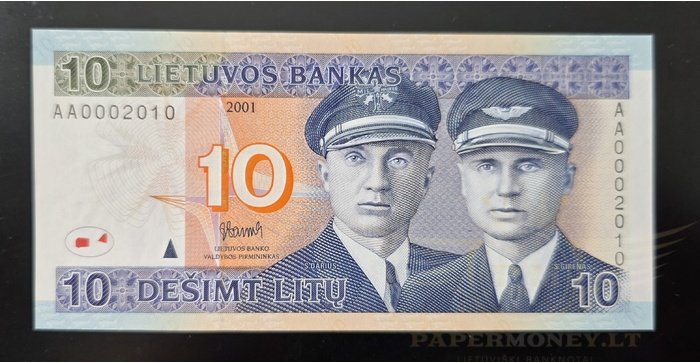 #65 2001 m. 10 litų AA serija žemesnis n umeris 0002010 UNC !