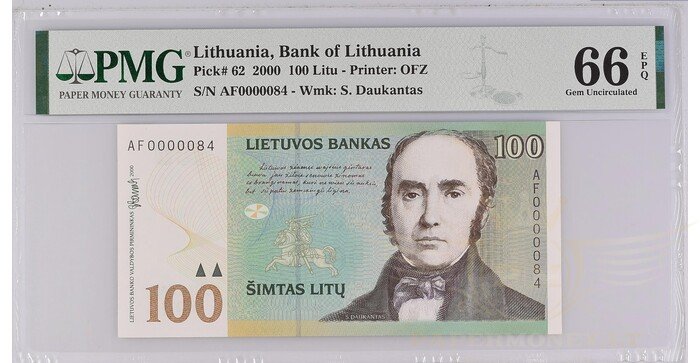 #62 2000 m. 100 litų  AF serija extra žemas numeris PMG66!