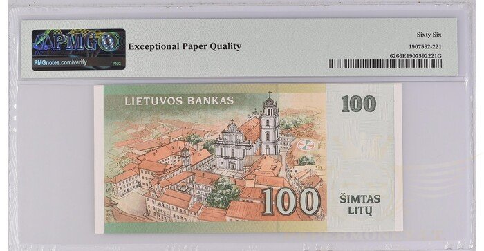 #62 2000 m. 100 litų  AF serija extra žemas numeris PMG66! 1