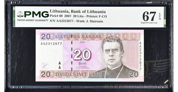 #69 2007 m. 20 litų AD serija PMG67 UNC !