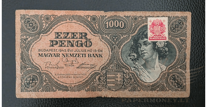 Vengrija 1945 1000 pengo VF - Hungary 1000 pengo 1945, VF