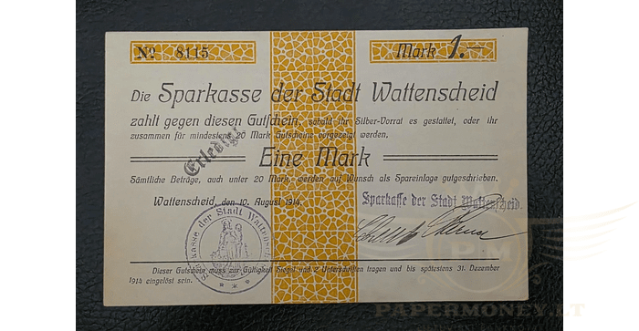 Vokietija 1914 1  markė aUNC - Germany, WATTENSCHEID 1914 X-Large 1 Mark Early WWI German Notgeld, AUNC