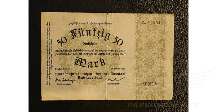 Vokietija 1922 50 markių VF - GERMANY BANKNOTE Dresden-Neustadt: 50 Mark, 1922, VF