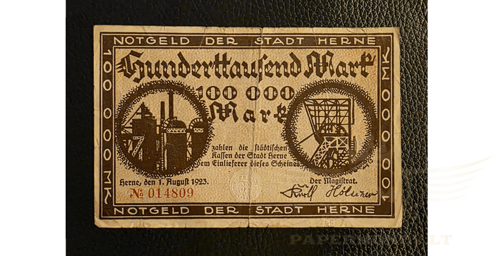 Vokietija 1923, 100000 markių VF -  Banknote, Germany, 100000 Mark, Herne, 1923, VF
