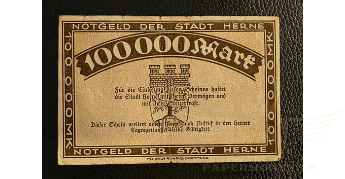 Vokietija 1923, 100000 markių VF -  Banknote, Germany, 100000 Mark, Herne, 1923, VF