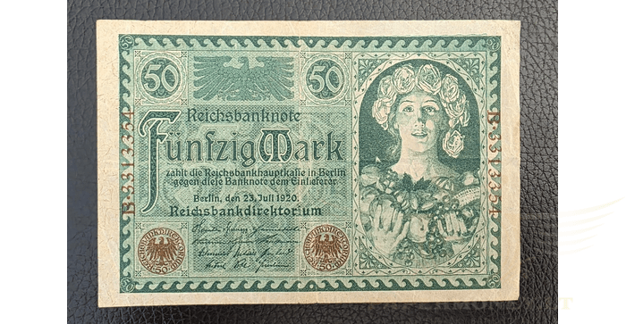 Vokietija 1920 50 markių VF -  1920 Germany Weimar Republic 50 Mark, VF
