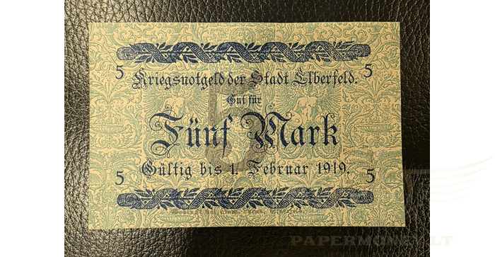 Vokietija 1919 5 markės aUNC -  1919 Germany ELBERFELD 5 Mark Banknote / Notgeld aUNC