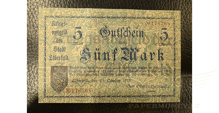 Vokietija 1919 5 markės aUNC -  1919 Germany ELBERFELD 5 Mark Banknote / Notgeld aUNC