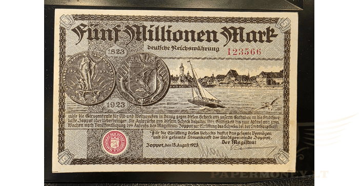 Vokietija Lenkija Sopotas 1923, 5 miljonai markių XF - 5 Millionen Mark POLAND GERMANY Zoppot Sopot 1923!