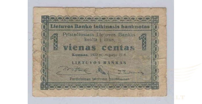 #1 1922 m. 09 mėn. 1 laikinasis centas VF!