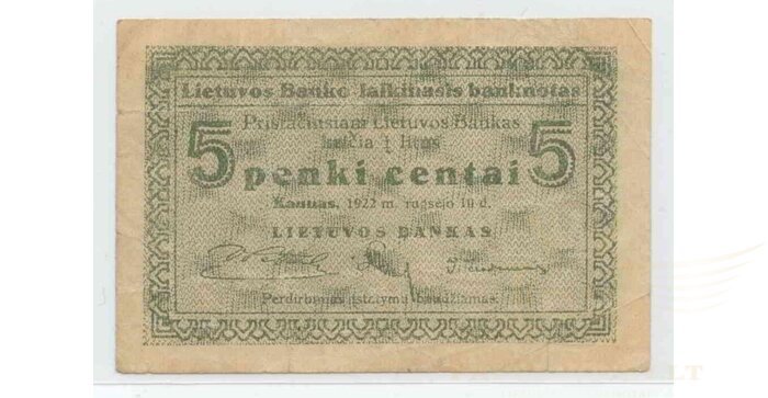 #2 1922 m. 09 mėn. 5 laikinieji centai VF!