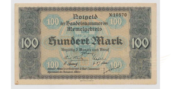 1922 m. 100 Memel markių, aUNC!