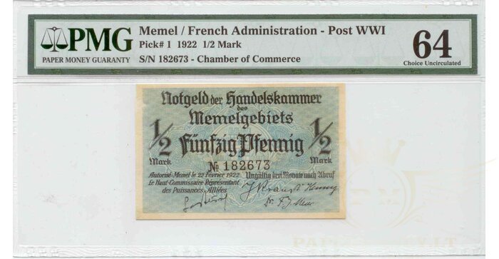 1922 m. 1/2 Memel markės PMG64!
