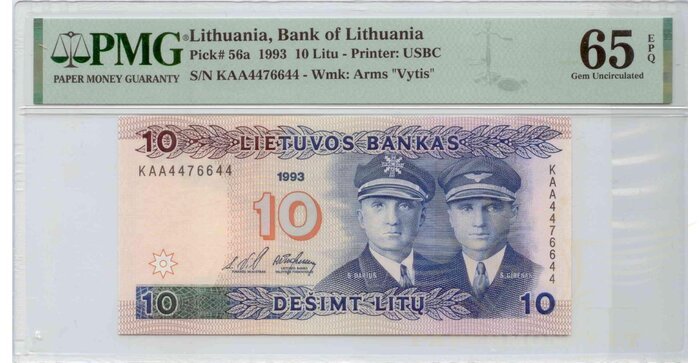 #56 1993 m. 10 litų  KAA serija PMG65!