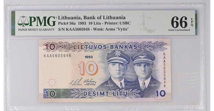 #56 1993 m. 10 litų  KAA serija PMG66!