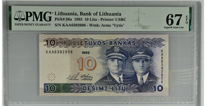 #56 1993 m. 10 litų  KAA serija PMG67!