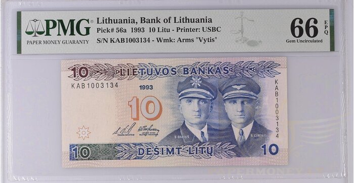 #56 1993 m. 10 litų  KAB serija PMG66!