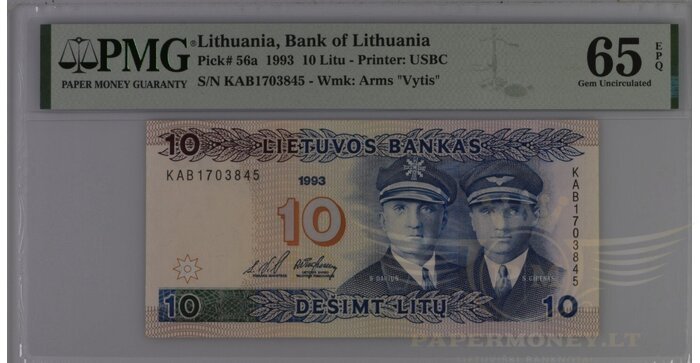 #56 1993 m. 10 litų  KAB serija PMG65!