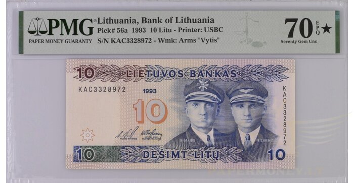 #56 1993 m. 10 litų  KAC serija PMG70 TOP POP!