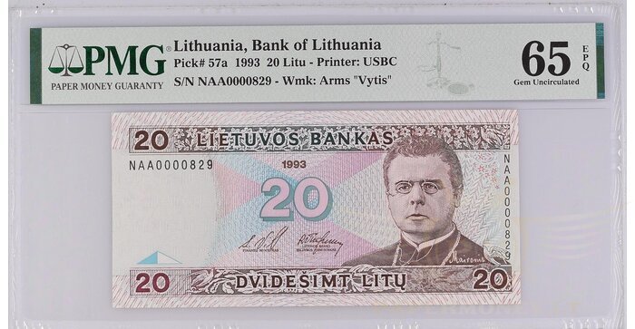 #57 1993 m. 20 litų  NAA serija žemas numeris PMG65!