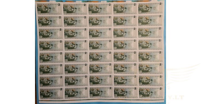 #54 1993 m. 2 litai  nekarpytas 40 banknotų lapas, UNC