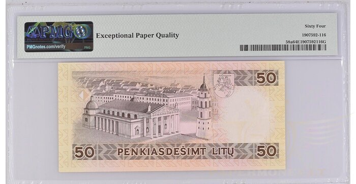 #58 1993 m. 50 litų  QAA žemas  numeris serija PMG64