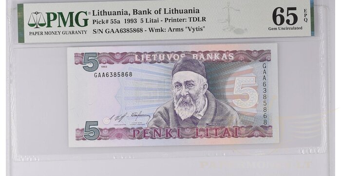 #55 1993 m. 5 litai  GAB serija PMG65!