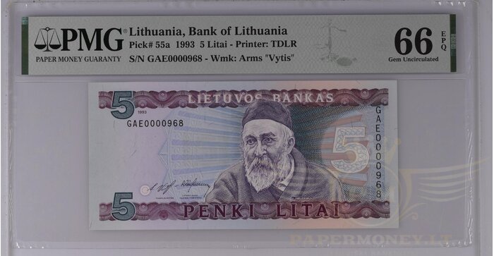 #55 1993 m. 5 litai  GAE serija žemas numeris PMG66 !