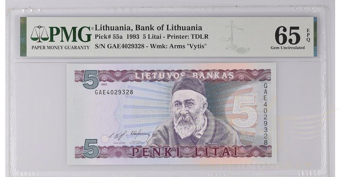 #55 1993 m. 5 litai  GAE serija PMG65!