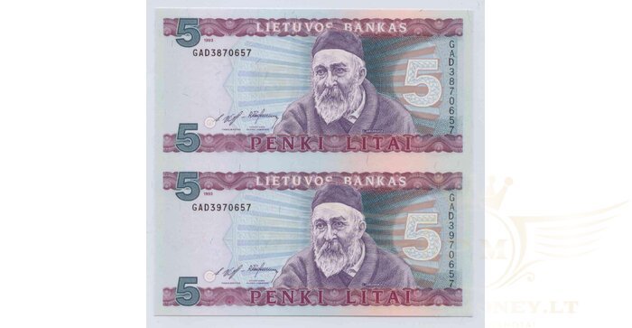 #55 1993 m. 5 litai  GAD serija dvigubas blokas UNC !