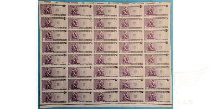 #55 1993 m. 5 litai, nekarpytas 40 banknotų lapas, UNC