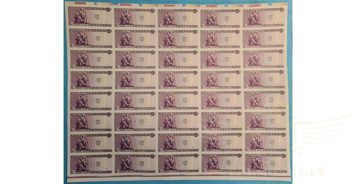 #55 1993 m. 5 litai, nekarpytas 40 banknotų lapas, UNC