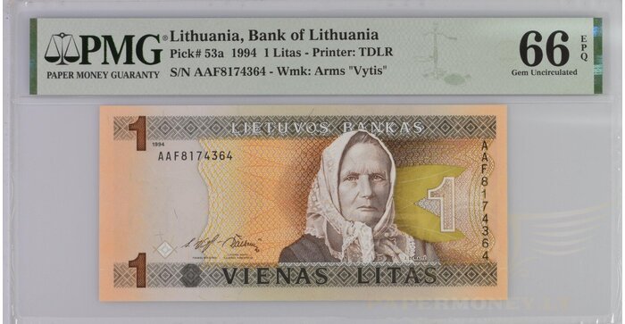 #53 1994 m. 1 litas  AAF serija PMG66 !