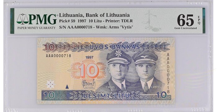 #59 1997 m. 10 litų  AAA serija žemas numeris PMG65!