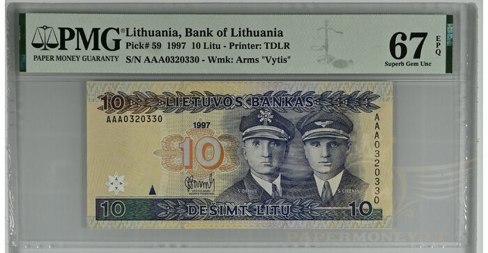 #59 1997 m. 10 litų  AAA serija PMG67!