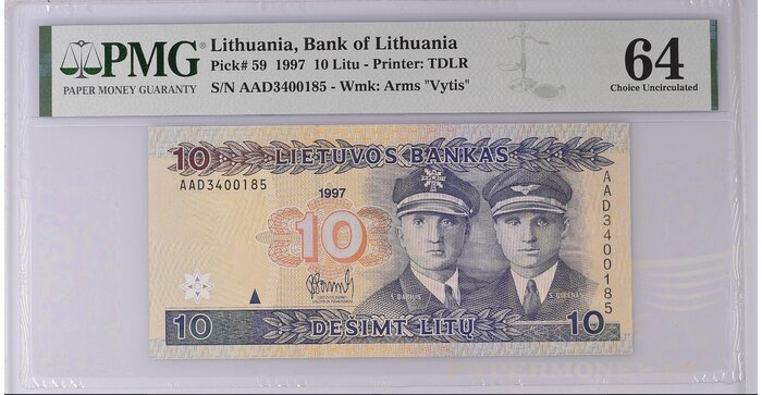#59 1997 m. 10 litų  AAD serija PMG64!