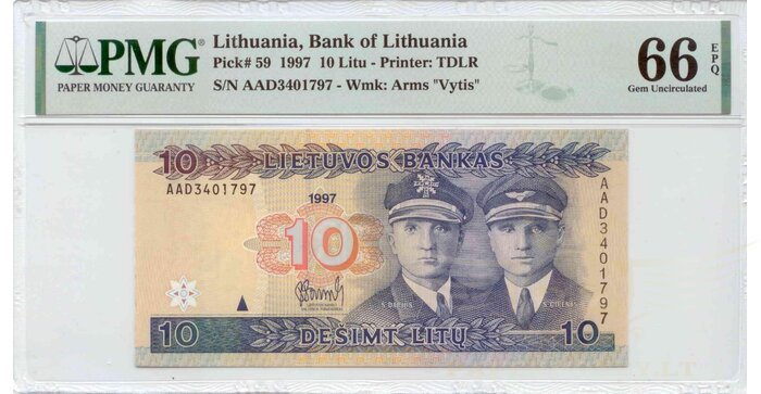 #59 1997 m. 10 litų  AAD serija PMG66!