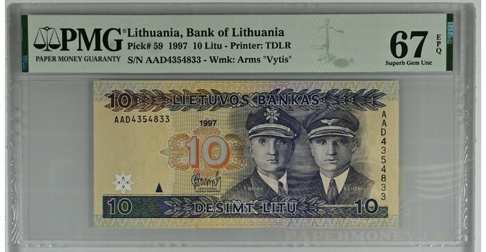 #59 1997 m. 10 litų  AAD serija PMG67!