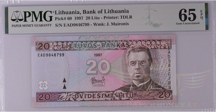 #60 1997 m. 20 litų  EAD serija PMG65!