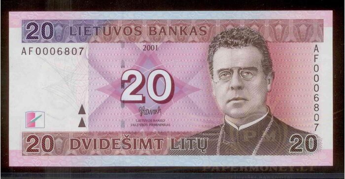 #66 2001 m. 20 litų AF serija žemesnis numeris UNC !