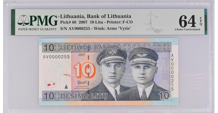 #68 2007 m. 10 litų  AV serija replacement žemas numeris PMG64!