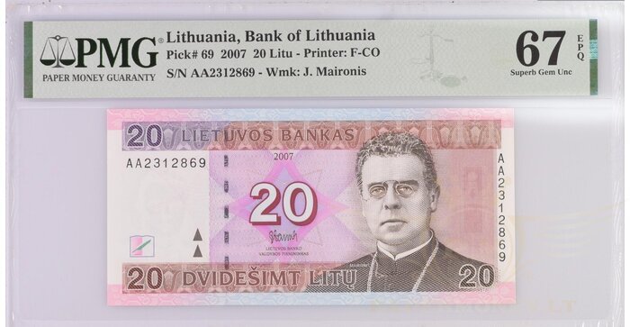 #69 2007 m. 20 litų AA serija PMG67 UNC !