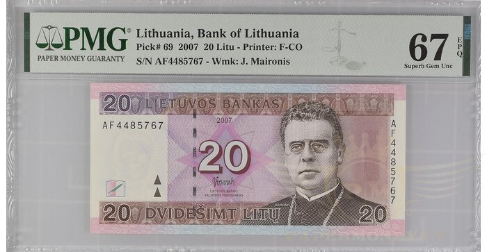 #69 2007 m. 20 litų AF serija PMG67 UNC !