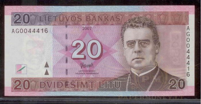 #69 2007 m. 20 litų AG serija žemesnis numeris UNC !