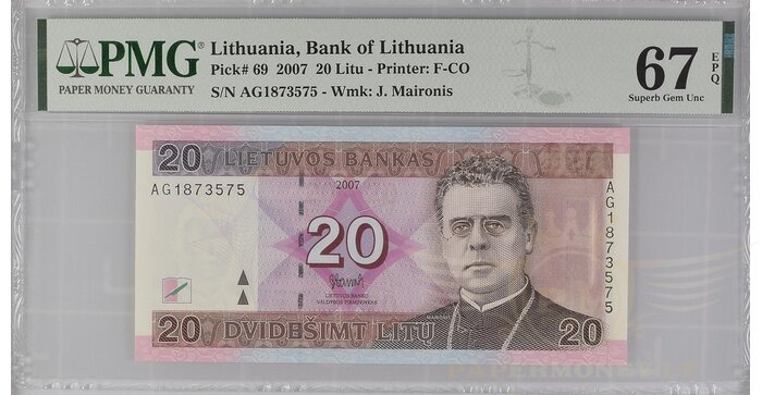 #69 2007 m. 20 litų AG serija PMG67 UNC !