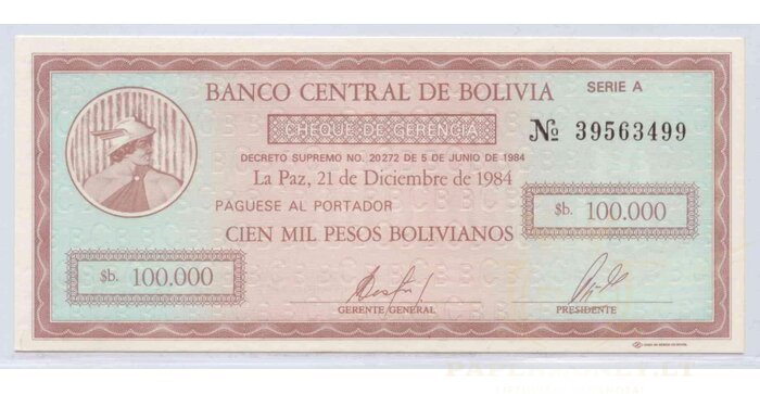 Bolivia 1984 100 000 bolivianos UNC