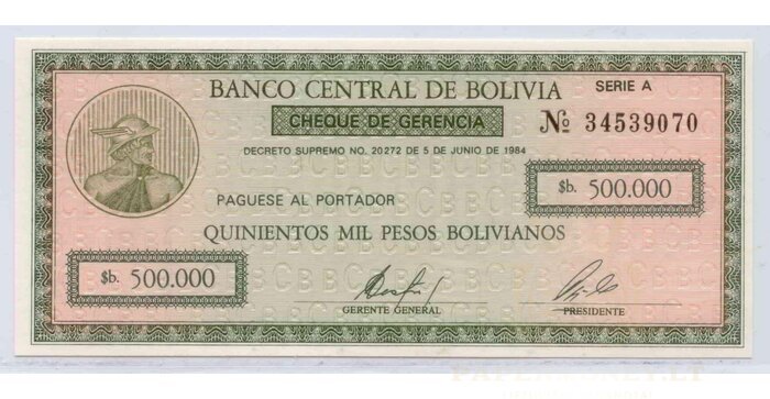 Bolivia 1984 500 000 bolivianos UNC